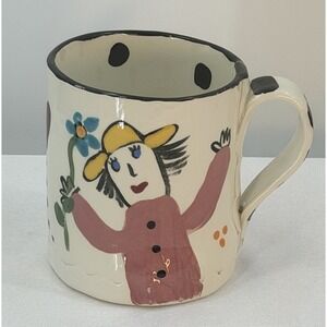 MeRay Whimsical Pottery Mug Hand Painted Lady Artist Signed Funny Quote 4"